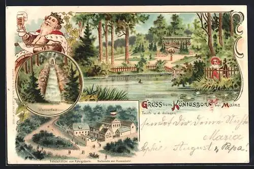 Lithographie Mainz, Gasthaus Königsborn, Wasserfall, Teich mit Anlagen