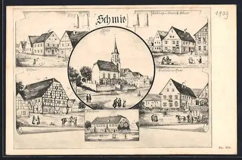 Künstler-AK Schmie, Gasthaus zur Krone, Handlung von Friedrich Lehner, Kirche