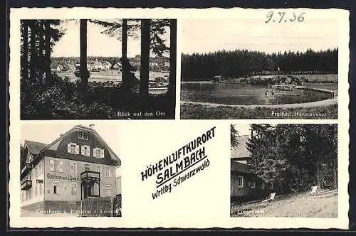 Künstler-AK Salmbach /Wrttbg. Schwarzwald, Blick auf den Ort und Freibad Hermannsee