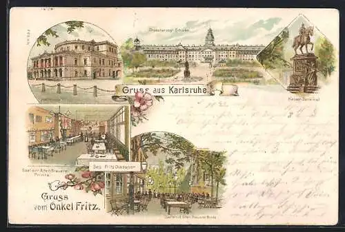 Lithographie Karlsruhe, Gasthaus Alte Brauerei Inneres Saal, Garten, Grossherzogliches Schloss