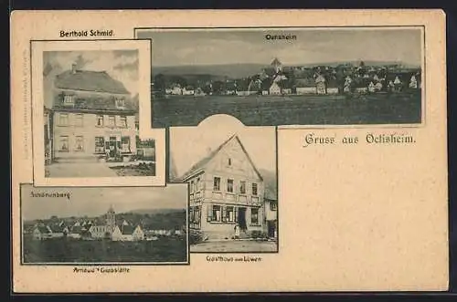 AK Oetisheim, Gasthaus zum Löwen, Geschäft Berthold Schmidt, Arnauds Grabstätte Schönenberg, Gesamtansicht