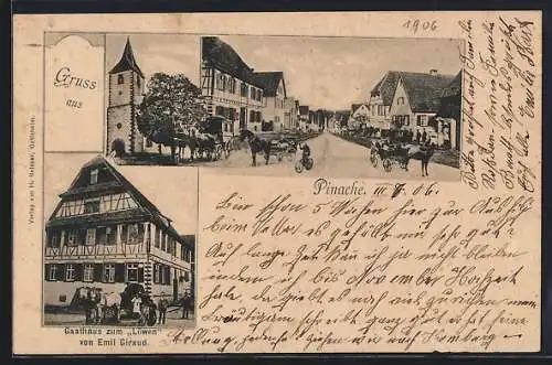 AK Pinache, Gasthaus zum Löwen Emil Giraud, Strassenpartie mit Kirche