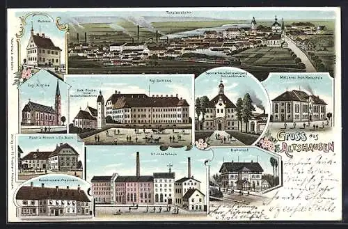 Lithographie Altshausen, Ortsansicht, Rathaus, Evgl. Kirche, Kgl. Schloss