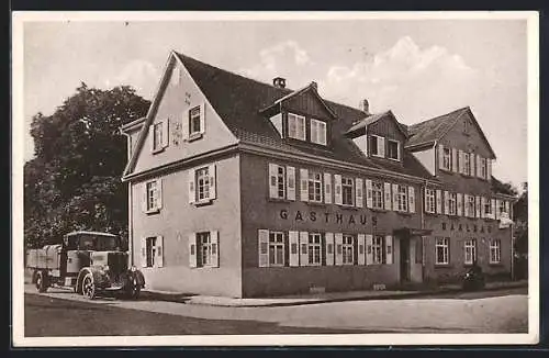 AK Neckarsulm, Gasthaus Franz Hitzfelder, von der Strasse gesehen, mit LKW