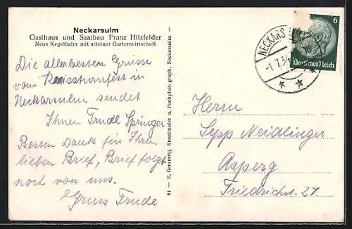 AK Neckarsulm, Gasthaus Franz Hitzfelder, von der Strasse gesehen, mit LKW