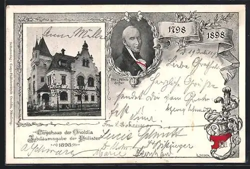 Passepartout-AK Nürnberg, Corpshaus der Onoldia, Jubiläumsgabe der Philister 1898, Wappen, Portrait Frhr. v. Pöllnitz