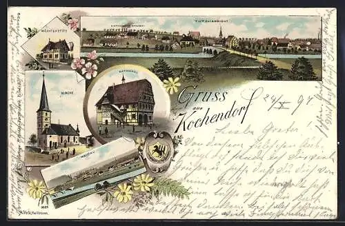 Lithographie Kochendorf / Württ., Totalansicht m. Elsässicher Brauerei, Wächterstift, Waldau