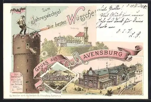 Lithographie Ravensburg, Gaststätte Neue Concert-Halle, Mehlsack, Turm mit Kanonenschütze, Gesamtansicht, Neujahrsgruss