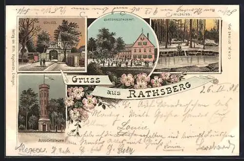 Lithographie Rathsberg, Gartenrestaurant, Aussichtsturm, Schloss