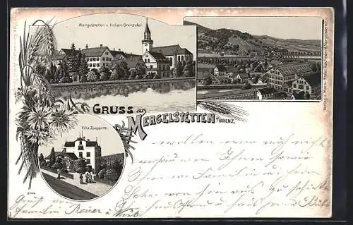 Lithographie Mergelstetten a. Brenz, Villa Zoeppritz, Teilansicht, Panorama vom linken Brenzufer