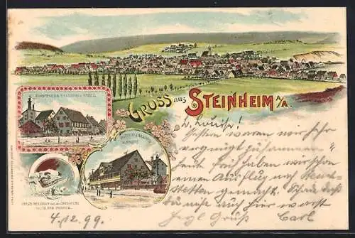 Lithographie Steinheim a. A., Gasthaus & Brauerei z. Kreuz, z. Krone, Versteinerungen Sandgrube Pharion, Gesamtansicht