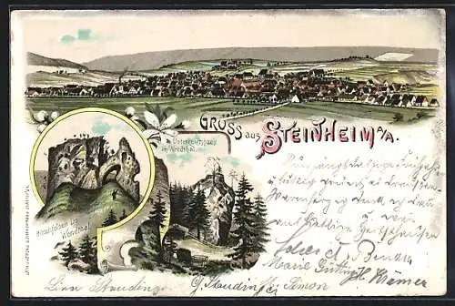 Lithographie Steinheim a. A., Totalansicht mit Hirschfelsen im Wendthal