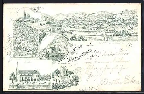 Lithographie Waldbreitbach, Marien-Haus, Kreuzkapelle, Kirche, Neuerburg, Gesamtansicht