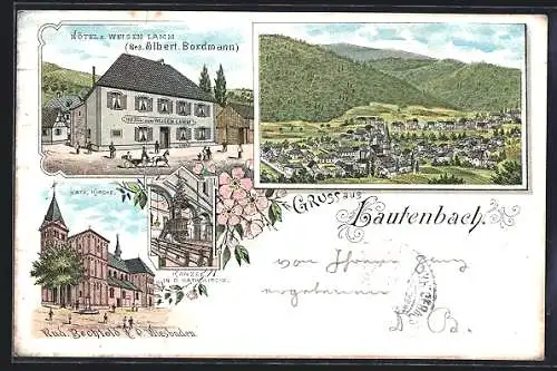 Lithographie Lautenbach, Hotel zum weissen Lamm, Kath. Kirche, Totalansicht