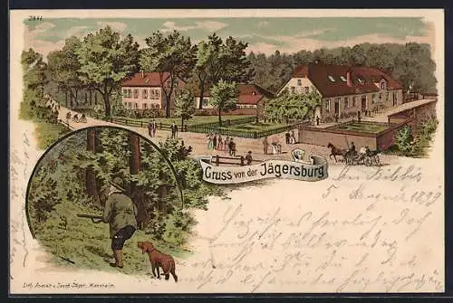 Lithographie Gross-Rohrheim, Gasthaus zur Jägersburg