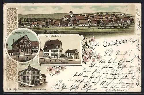 Lithographie Oetisheim, Gasthaus z. Löwen v. Gottlieb Huttenloch, Geschäft v. Berthold Schmid, Rathaus