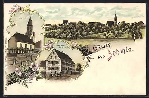 Lithographie Schmie, Gasthaus zur Krone, die Kirche