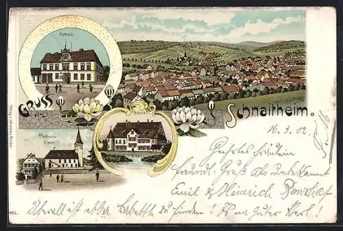 Lithographie Schnaitheim, Schule, Rathaus, Pfarrhaus und Kirche