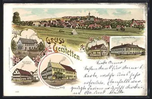 Lithographie Gerstetten, Gasthaus zum Lamm, Gasthof zum Pflug, Gasthaus zum Rössle