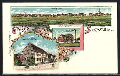 Lithographie Sontheim a. Brenz, Geschäft v. A. Weeber, Dampfmolkerei, Totalansicht