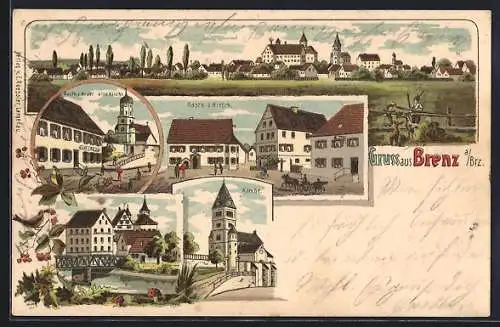 Lithographie Brenz / Württ., Gasthaus z. Rose und alte Kirche, Gasthaus z. Hirsch, Kirche