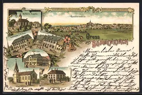 Lithographie Böhmenkirch, St. Patrix-Kapelle, Gasthaus z. Kreuz, Conditorei, Rathaus, Pfarrkirche, Kaplanei