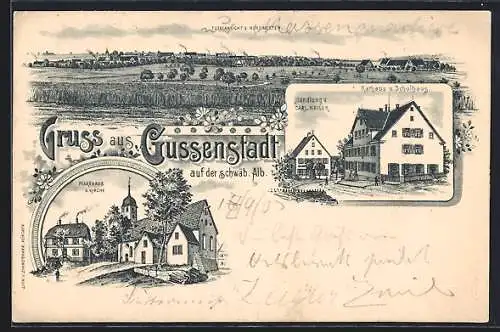 Lithographie Gussenstadt auf der schwäb. Alb, Handlung v. Carl Hailer, Rathaus und Schulhaus, Pfarrhaus und Kirche