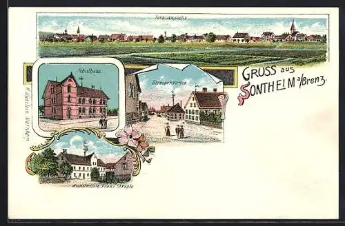 Lithographie Sontheim a. Brenz., Kunstmühle Franz Ströhle, Schulhaus, Strassenpartie