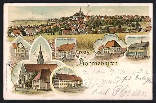 Lithographie Böhmenkirch, Gasthaus zur Krone, Gasthaus zum Kreuz, Gasthaus zur Sonne