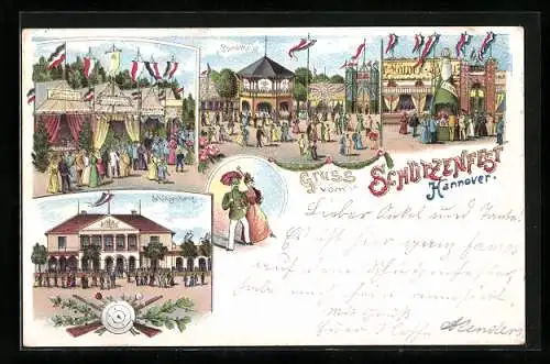 Lithographie Hannover, Schützenhaus, Rundtheil und Restaurant Münchner Bier auf dem Schützenfest