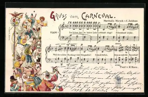 Lithographie Mainz, Carneval, Feiernde und Narrhalla Marsch v. C. Zulehner