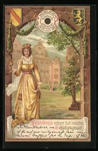 Lithographie Ganzsache PP15C29 /04: Heidelberg, 18. Verbandsschiessen 1901, Heidelberga entbietet Schützengruss