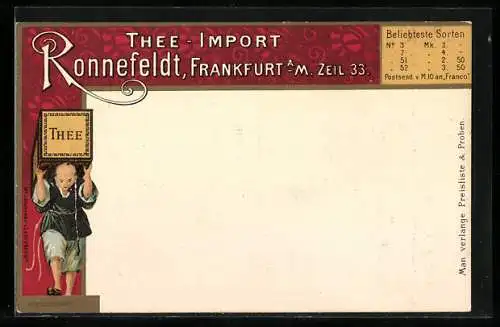 Lithographie Ganzsache PP9B20: Frankfurt a. M., Tee-Import Ronnefeldt, Zeil 33, Chinese mit Teekiste auf dem Rücken