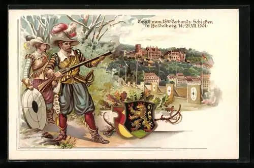 Lithographie Ganzsache PP15C29 /02: Heidelberg, 18. Verbands-Schiessen 1901, Wettschiessen