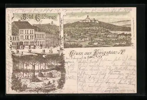 Vorläufer-Lithographie Königstein i. T., 1890, Hotel Colloseus mit Garten und Stadtansicht