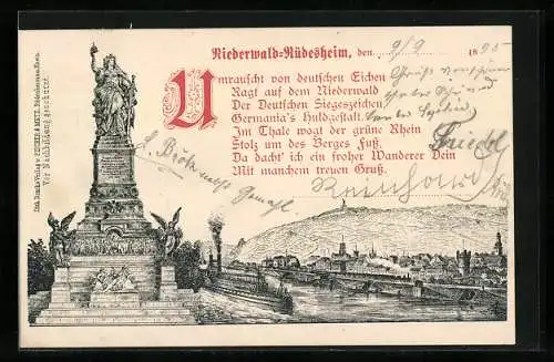 Vorläufer-Lithographie Niederwald-Rüdesheim, 1895, Germania-Statue über dem Rhein