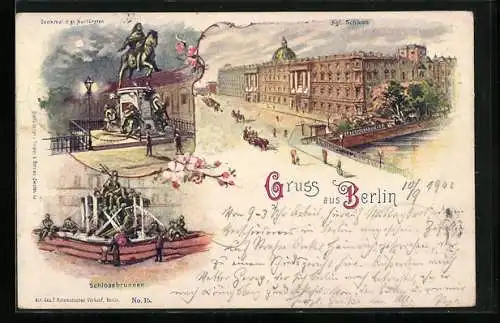 Lithographie Berlin, Kgl. Schloss, Denkmal d. gr. Kurfürsten, Schlossbrunnen