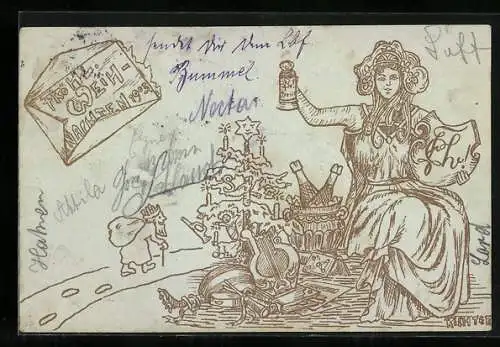 Lithographie Frech unbekannt: Weihnachtsgruss und Germania mit Studentenwappen, Ganzsache