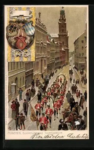 Künstler-Lithographie Paul Hey: München, Schäfflertanz Theatinerstrasse