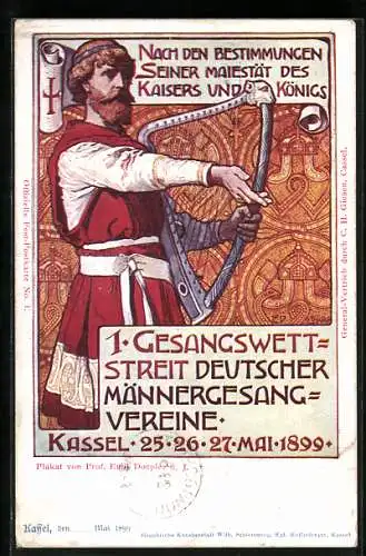 Künstler-AK Kassel, 1. Gesangswettstreit Deutscher Männergesangvereine 1899, Harfner, Ganzsache