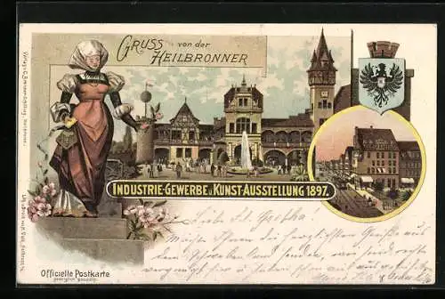 AK Heilbronn, Industrie-Gewerbe und Kunstausstellung 1897, Ortsansicht, Stadtwappen