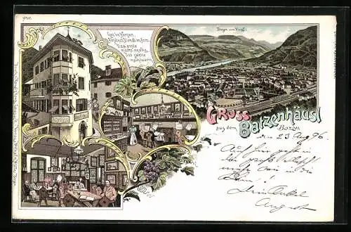 Lithographie Bozen, Das Gasthaus Batzenhäusl mit Innenansichten, Gesamtansicht vom Virgl