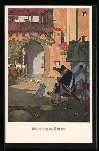 Künstler-AK Walter Caspari: Frieden, Wachmann strickt vor seiner Wachhütte, Hund