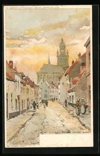 Künstler-AK F. Ranot: Hal, Église Notre-Dame, Ortspartie mit Blick auf die Kirche Notre-Dame