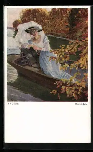 Künstler-AK Edward Cucuel: Herbstidylle, Frau lehnt sich in Ruderboot zurück