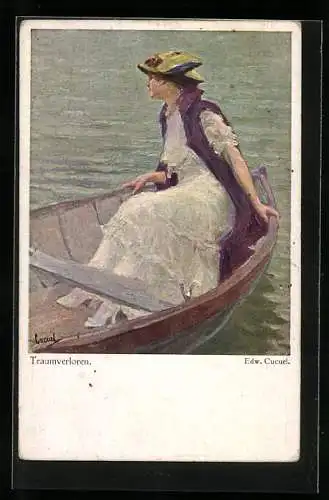 Künstler-AK sign. Edw. Cucuel: eine Frau traumverloren in einem Ruderboot auf einem See