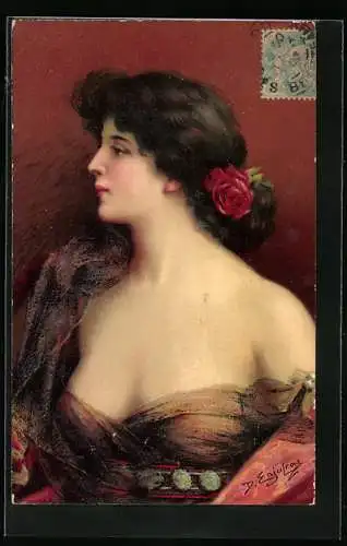 Künstler-AK Delphin Enjolras: Portrait einer freizügigen Dame mit Rose im Haar