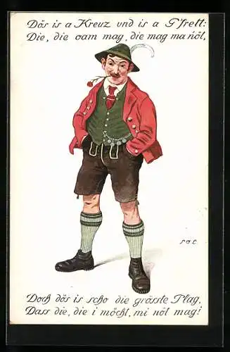 Künstler-AK P. O. Engelhard (P.O.E.): Mann in Lederhosen und Federhut mit Rose im Mund