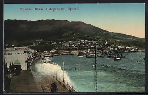 AK Jalta, Uferpromenade mit Blick auf Stadt und Boote