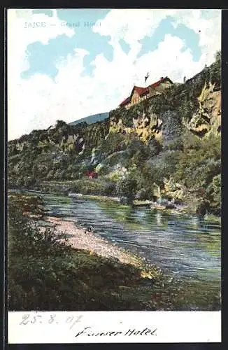 AK Jajce, Blick auf das Grand Hotel und Flusslandschaft